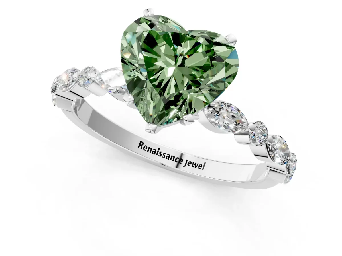 Fancy Green Heart Cut Diamond Ring with Marquise and Round Side Stones and Four-Prong Setting Silver