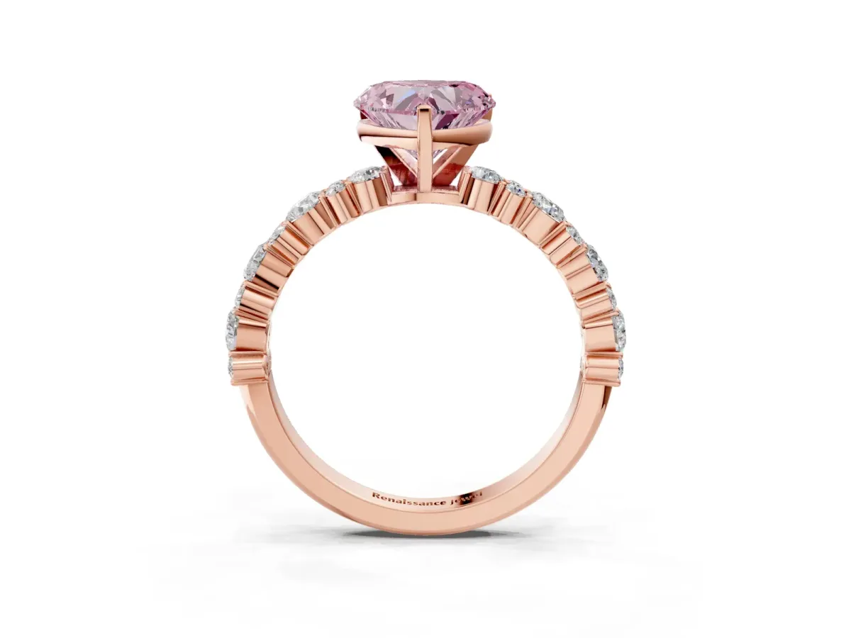 Fancy Pink Heart Cut Diamond Side Stone Solitaire Ring with Round and Four-Prong Setting Rose gold