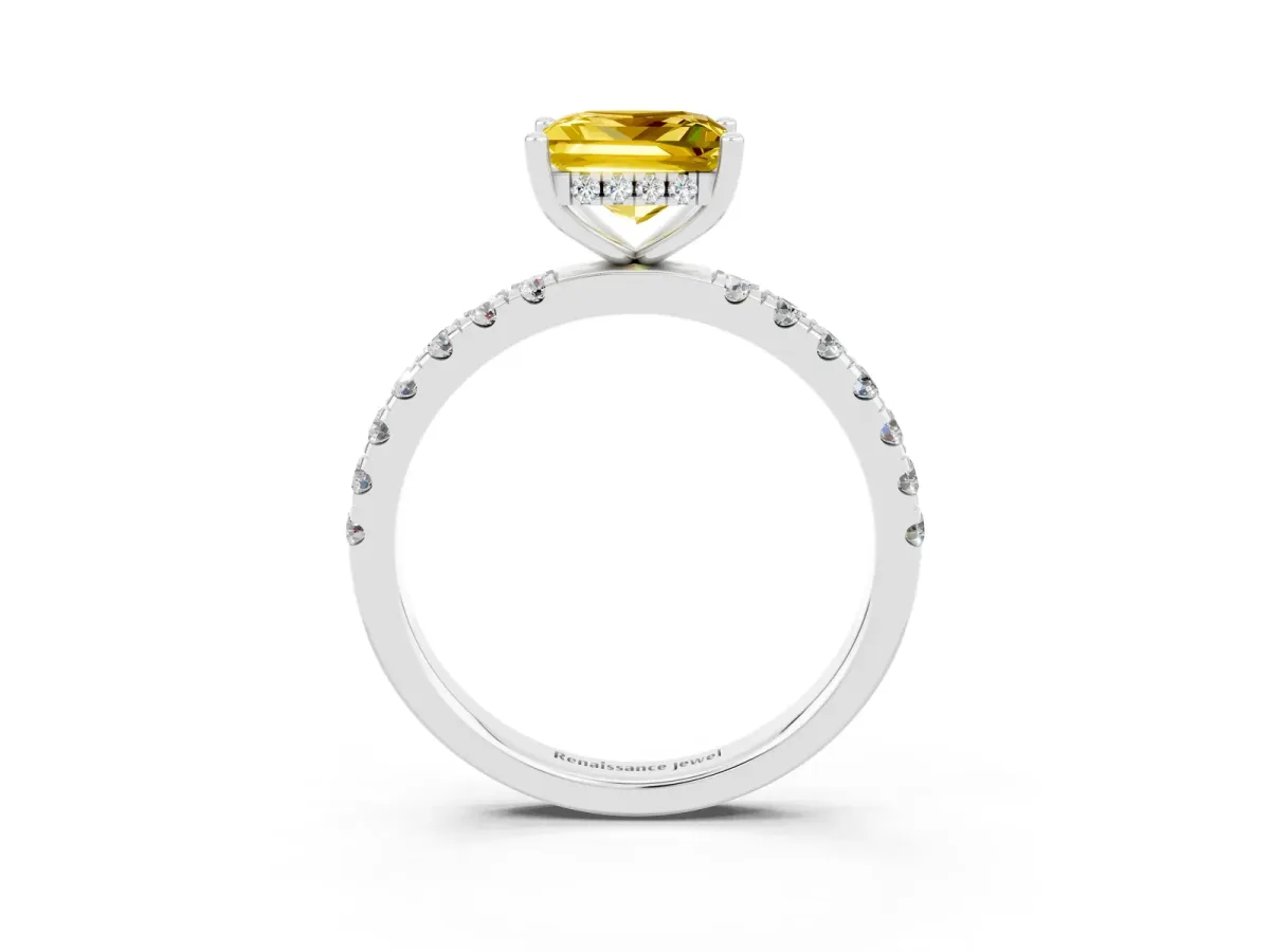 Princess Cut Yellow Sapphire Pave Band Solitaire Ring with Round and Prong Setting Platinum