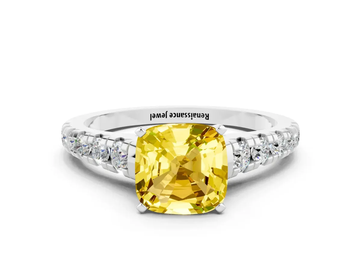 Cushion Cut Yellow Sapphire Cathedral Solitaire Ring with Round Pavé Band Silver