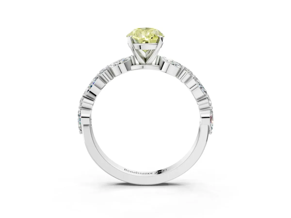 Fancy Yellow Pear Cut Diamond Ring with Marquise and Round Side Stones and Four-Prong Setting Platinum