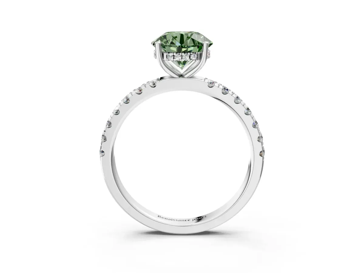 Fancy Green Round Cut Diamond Pave Band Solitaire Ring with Round and Prong Setting Platinum