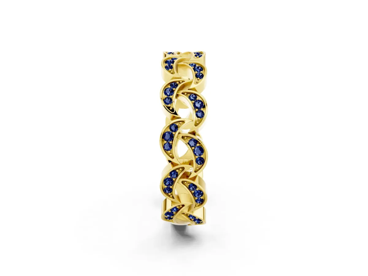 Pavé Round Blue Sapphire Interlocking Eternity Band with Bezel Prong Setting Yellow gold