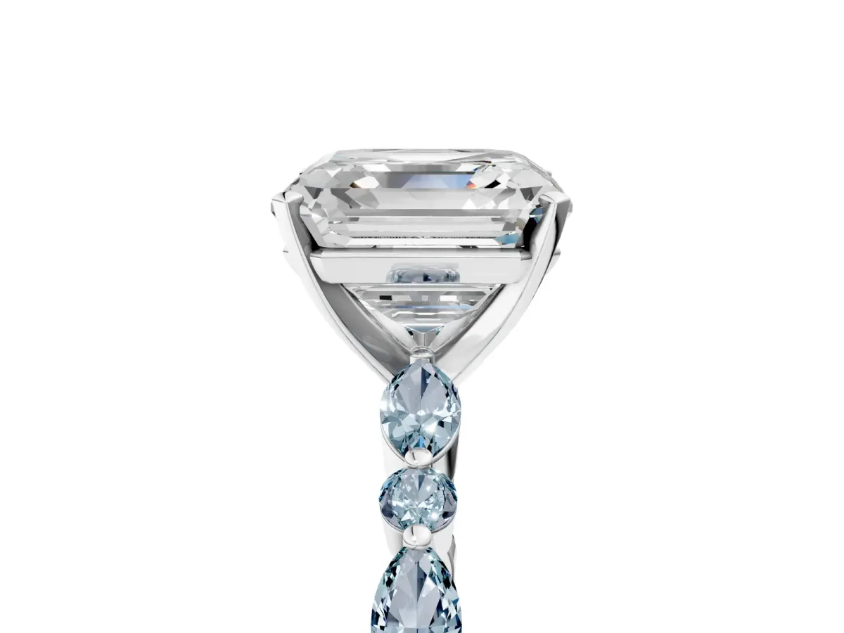 Asscher Cut Diamond Ring with Marquise and Round Aquamarine Side Stones and Four-Prong Setting Platinum