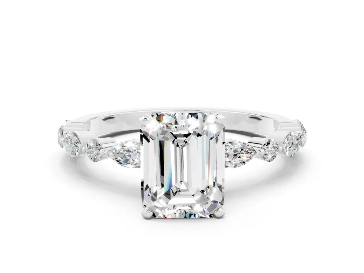 Emerald Cut Moissanite Ring with Marquise and Round Side Stones and Four-Prong Setting Silver