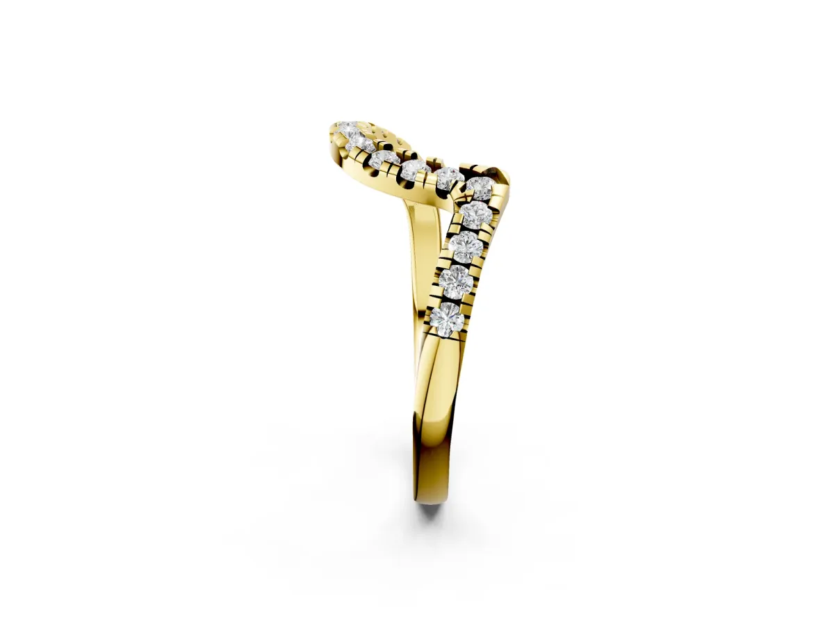 Round Diamond Pavé V-Shaped Contour Band with Shared Prong Setting Yellow gold