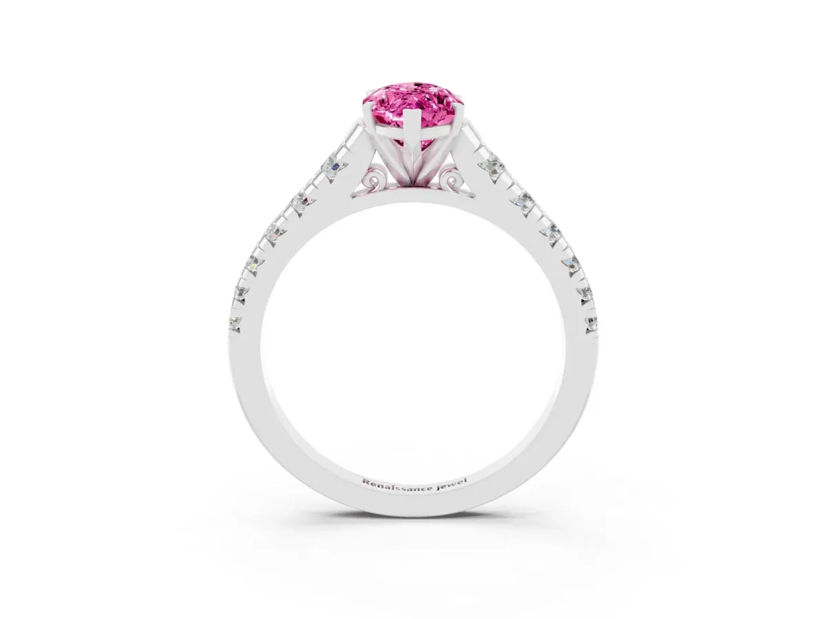 Marquise Cut Pink Sapphire Cathedral Solitaire Ring with Round Pavé Band Platinum