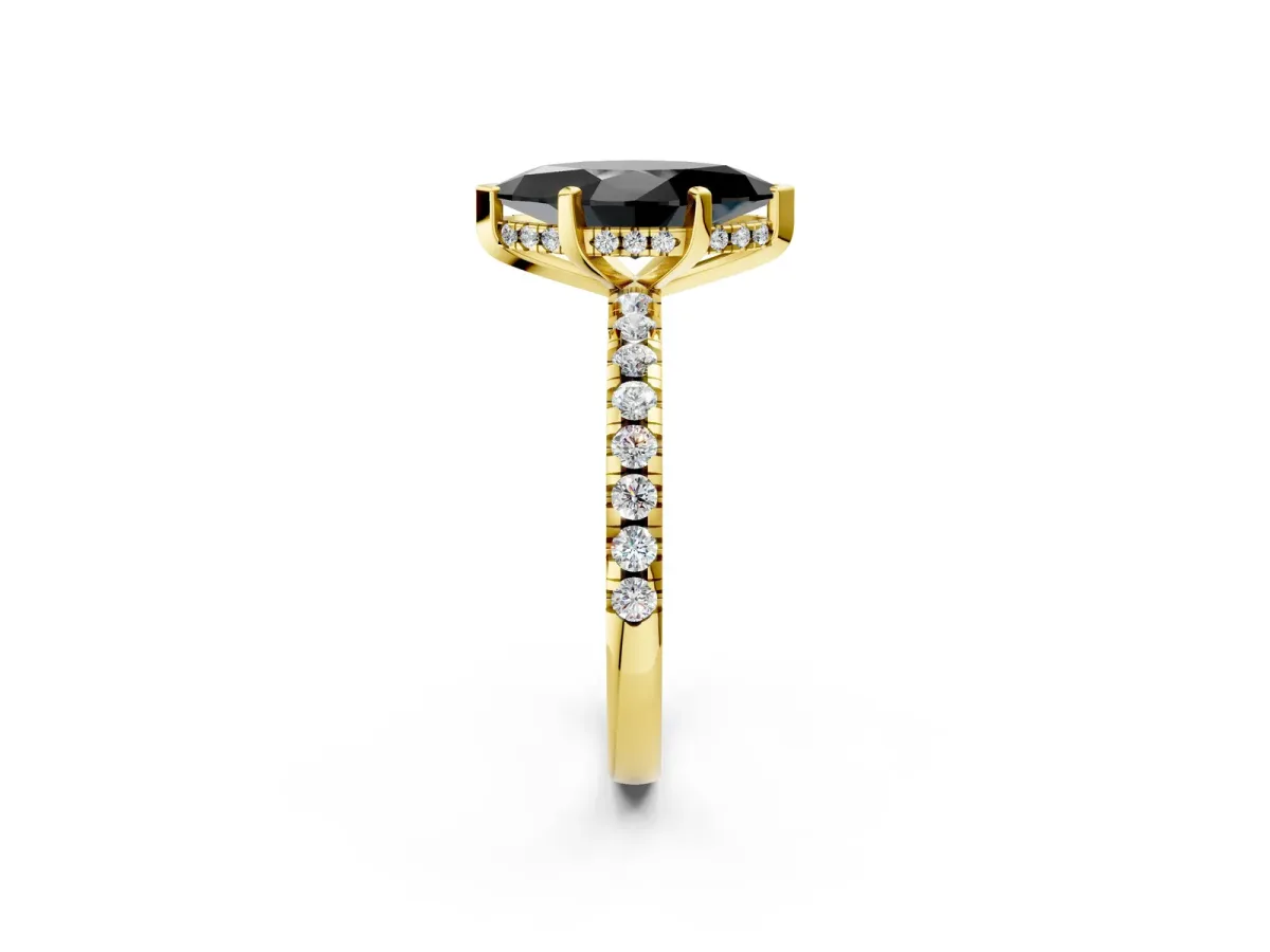 Fancy Black Marquise Cut Diamond Solitaire Ring with Round Pavé Band and Four-Prong Setting Yellow gold