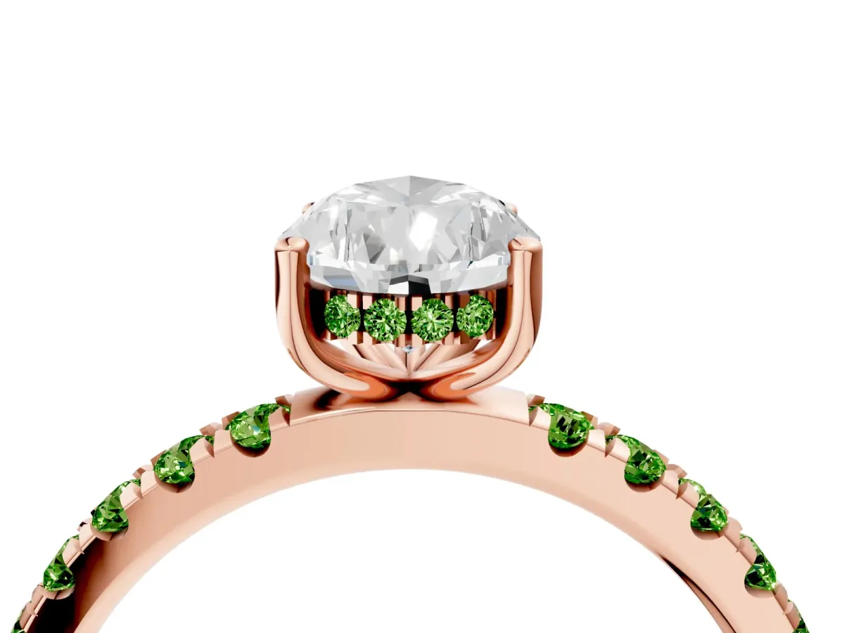 Pear Cut Diamond Pave Band Solitaire Ring with Round Peridot and Prong Setting Rose gold