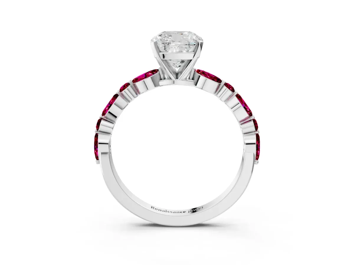 Cushion Cut Diamond Ring with Marquise and Round Garnet Side Stones and Four-Prong Setting Silver