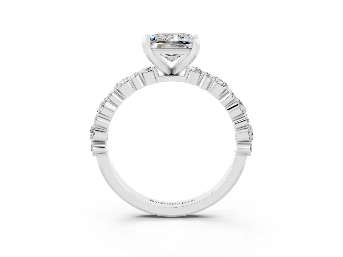Princess Cut Moissanite Side Stone Solitaire Ring with Round and Four-Prong Setting Silver
