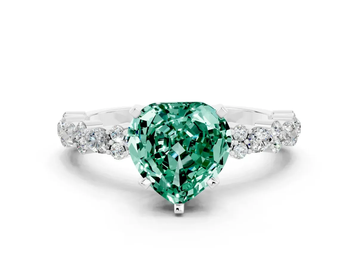 Heart Cut Green Sapphire Side Stone Solitaire Ring with Round and Four-Prong Setting Silver