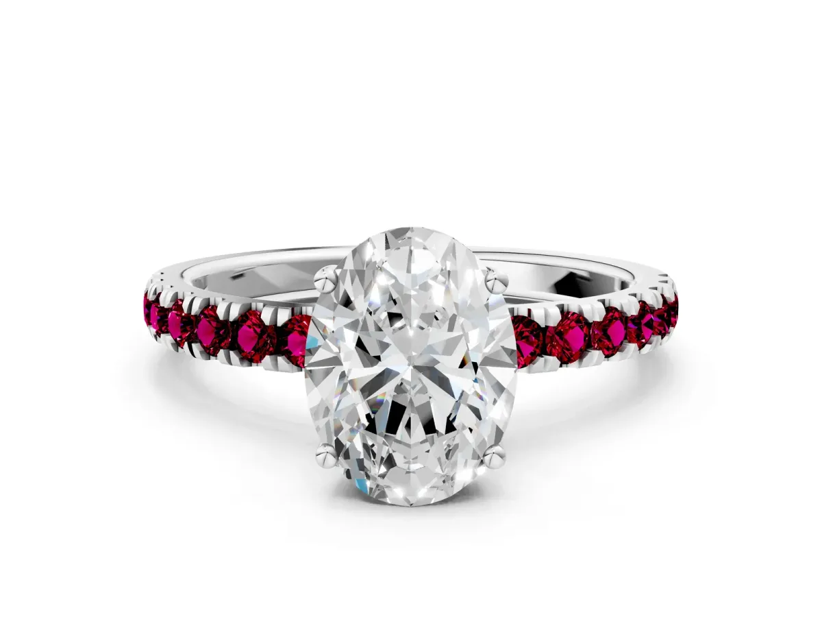 Oval Cut Diamond Pave Band Solitaire Ring with Round Garnet and Prong Setting Platinum