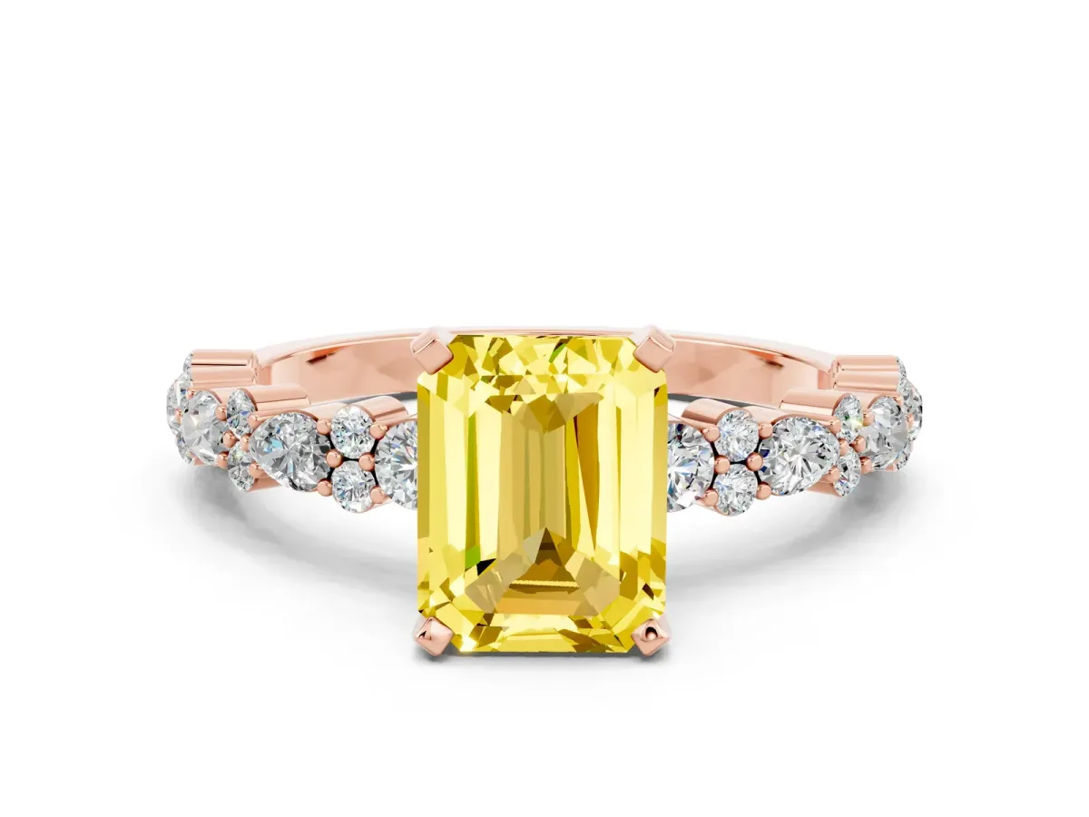 Emerald Cut Yellow Sapphire Side Stone Solitaire Ring with Round and Four-Prong Setting Rose gold