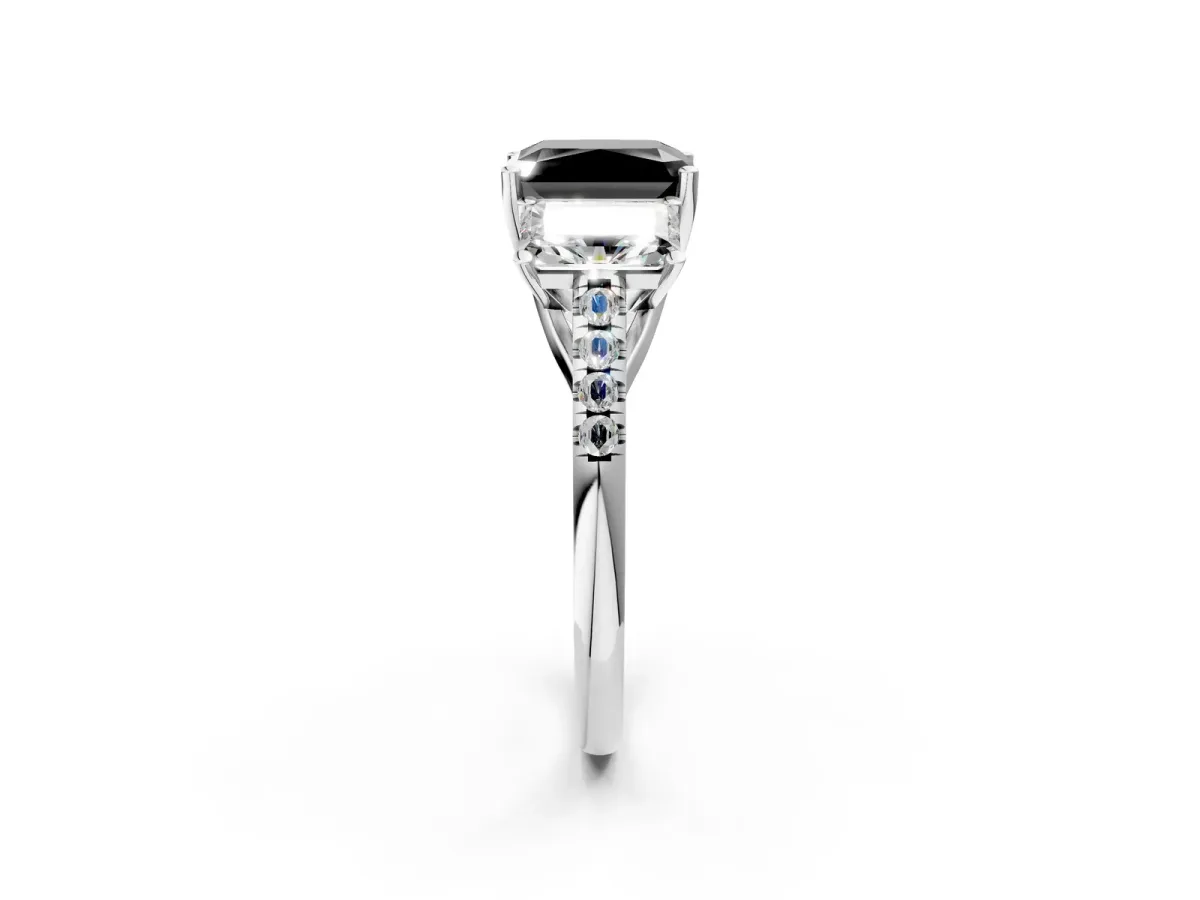 Fancy Black Three-Stone Radiant Cut Diamond Ring with Round Pavé Band and Prong Setting White gold