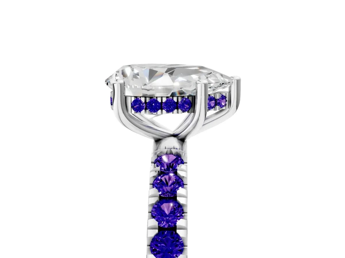 Pear Cut Diamond Pave Band Solitaire Ring with Round Tanzanite and Prong Setting Platinum