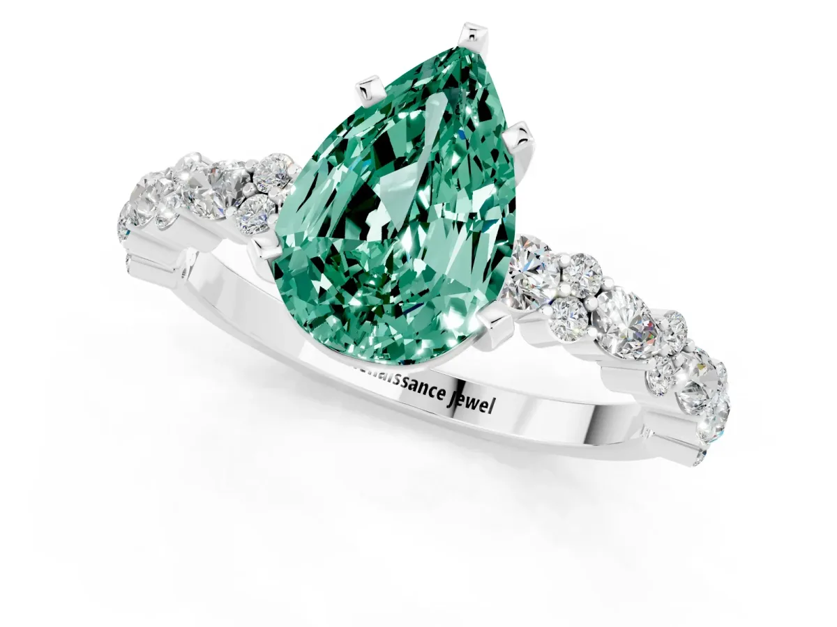 Pear Cut Green Sapphire Side Stone Solitaire Ring with Round and Four-Prong Setting White gold