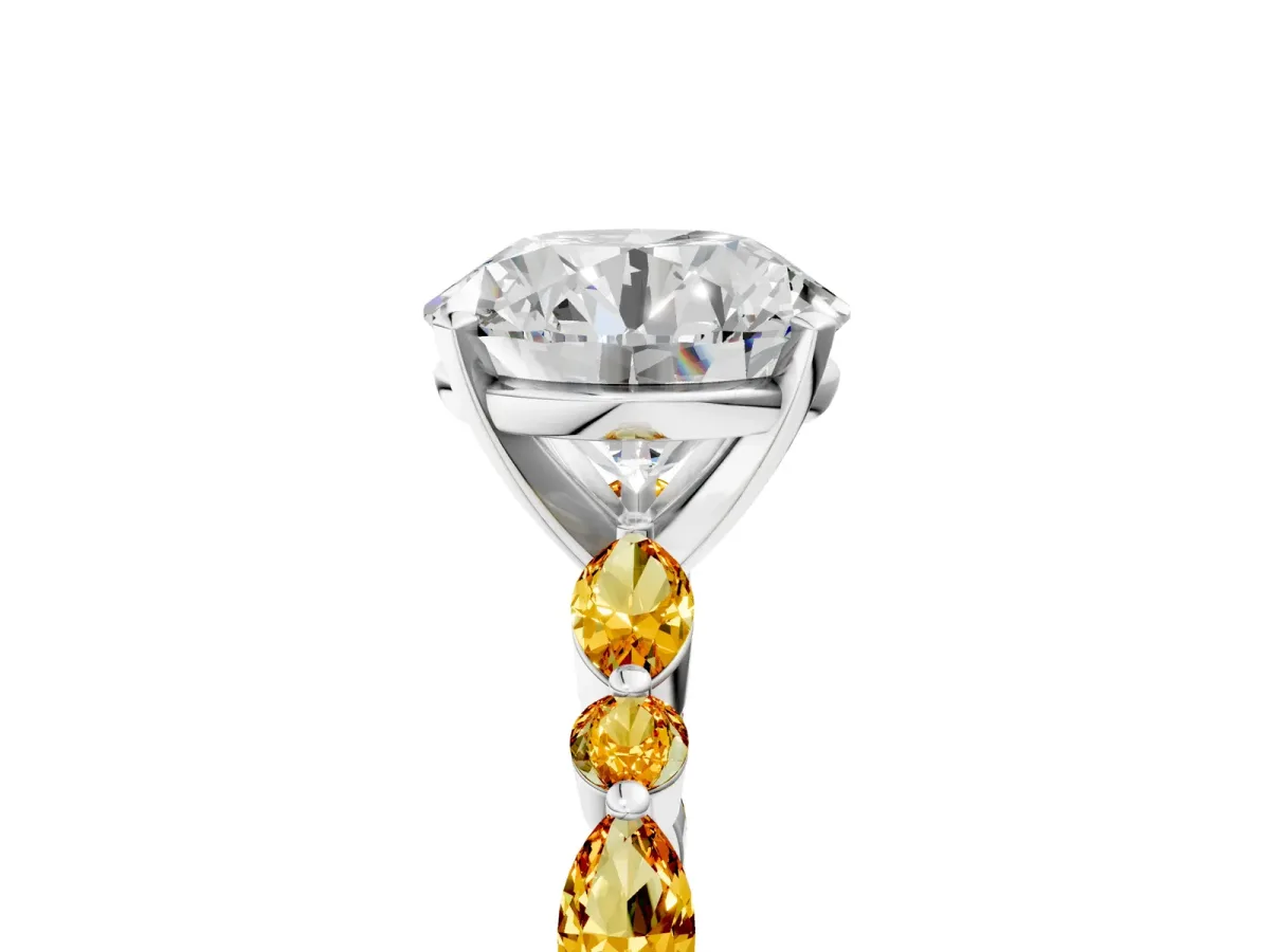 Round Cut Diamond Ring with Marquise and Round Citrine Side Stones and Four-Prong Setting Platinum