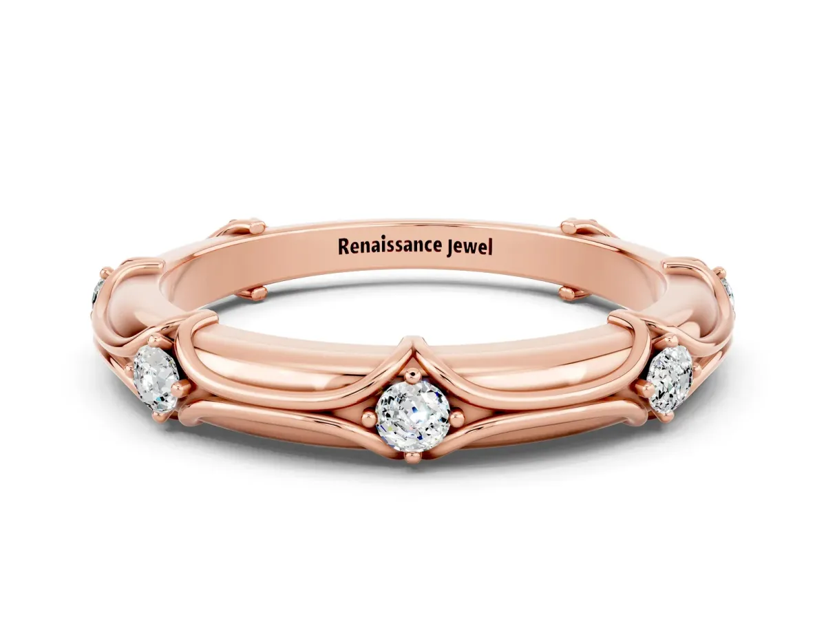 Round Moissanite Prong Set Milgrain Eternity Band Rose gold