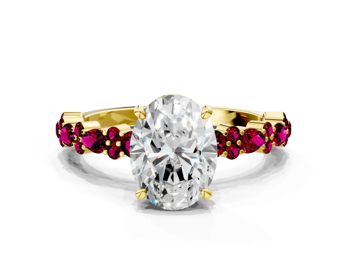 Oval Cut Diamond Side Stone Solitaire Ring with Round Garnet and Four-Prong Setting Yellow gold