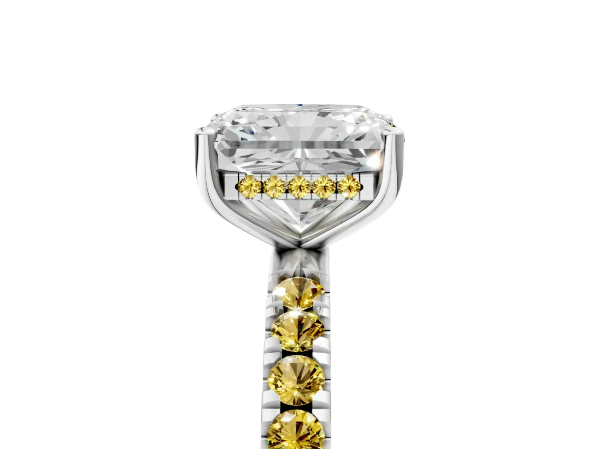 Radiant Cut Diamond Pave Band Solitaire Ring with Round Yellow Sapphire and Prong Setting Platinum