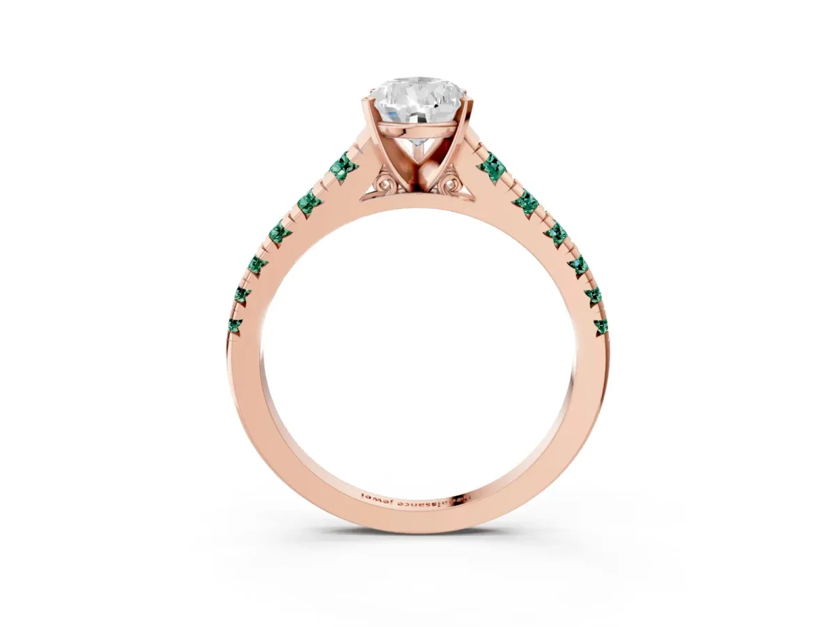 Pear Cut Diamond Cathedral Solitaire Ring with Round Green Sapphire Pavé Band Rose gold