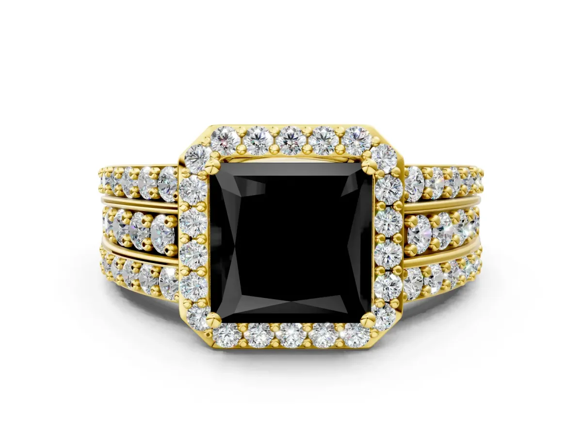 Fancy Black Princess Cut Halo Diamond Ring with Round Split Shank and Prong Setting Yellow gold