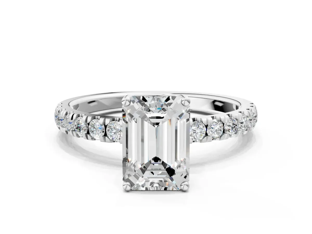 Emerald Cut Diamond Pave Band Solitaire Ring with Round Moissanite and Prong Setting White gold