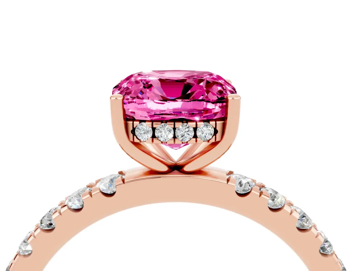 Cushion Cut Pink Sapphire Pave Band Solitaire Ring with Round and Prong Setting Rose gold