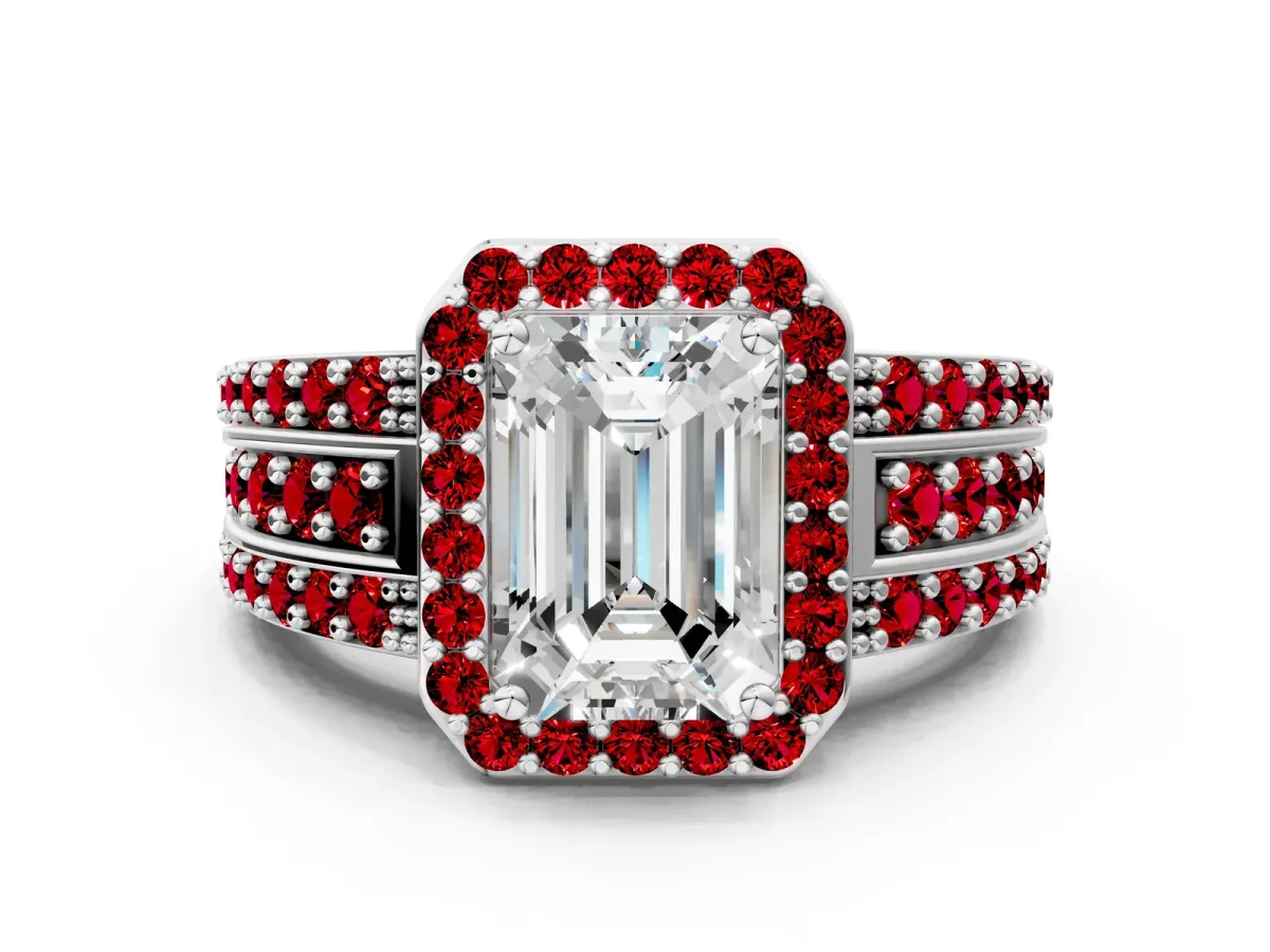 Emerald Cut Halo Diamond Ring with Round Ruby Split Shank and Prong Setting Platinum