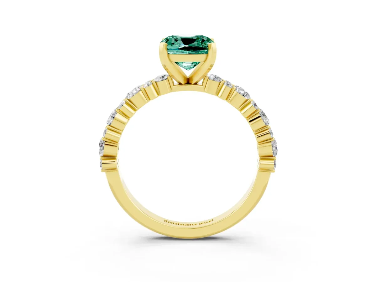 Cushion Cut Green Sapphire Side Stone Solitaire Ring with Round and Four-Prong Setting Yellow gold
