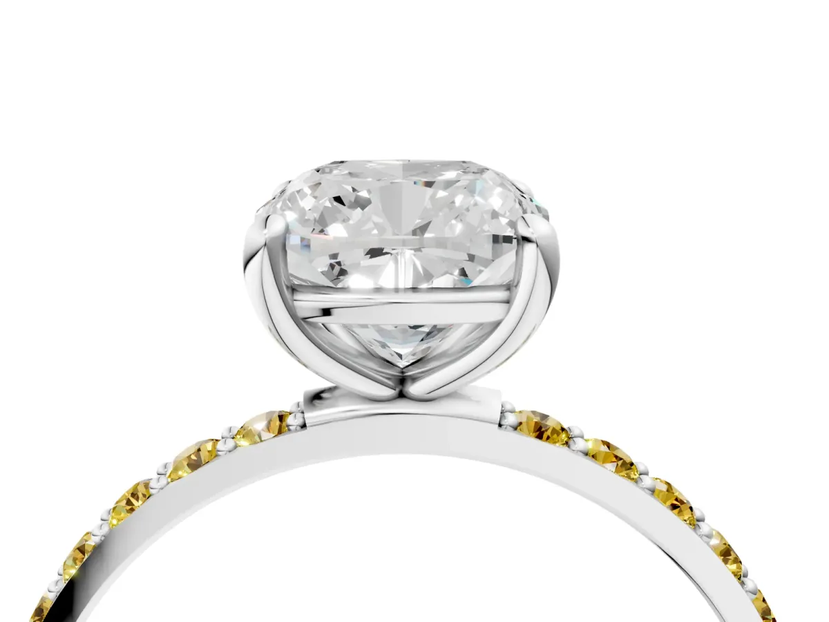 Cushion Cut Diamond Solitaire Ring with Round Yellow Sapphire Pavé Band and Prong Setting Silver