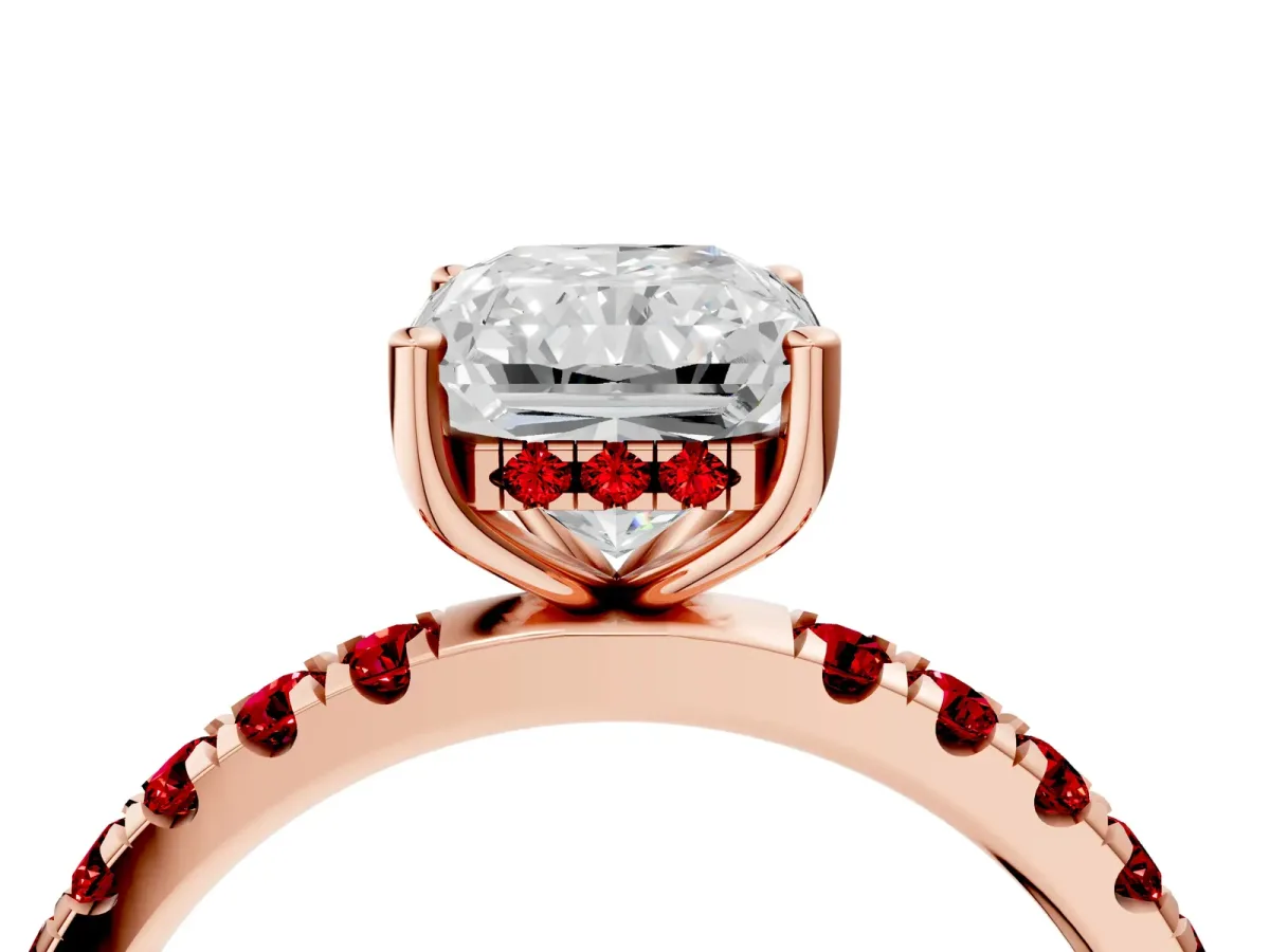 Radiant Cut Diamond Pave Band Solitaire Ring with Round Ruby and Prong Setting Rose gold
