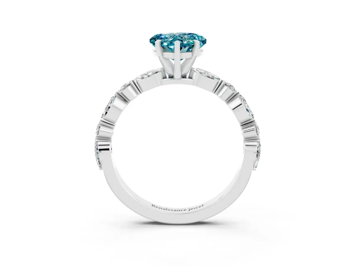 Heart Cut Blue Topaz Ring with Marquise and Round Side Stones and Four-Prong Setting Silver
