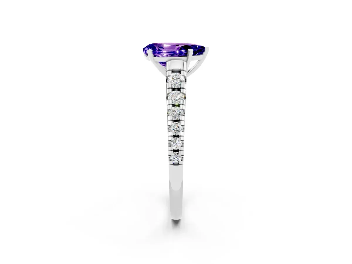 Pear Cut Tanzanite Cathedral Solitaire Ring with Round Pavé Band Platinum