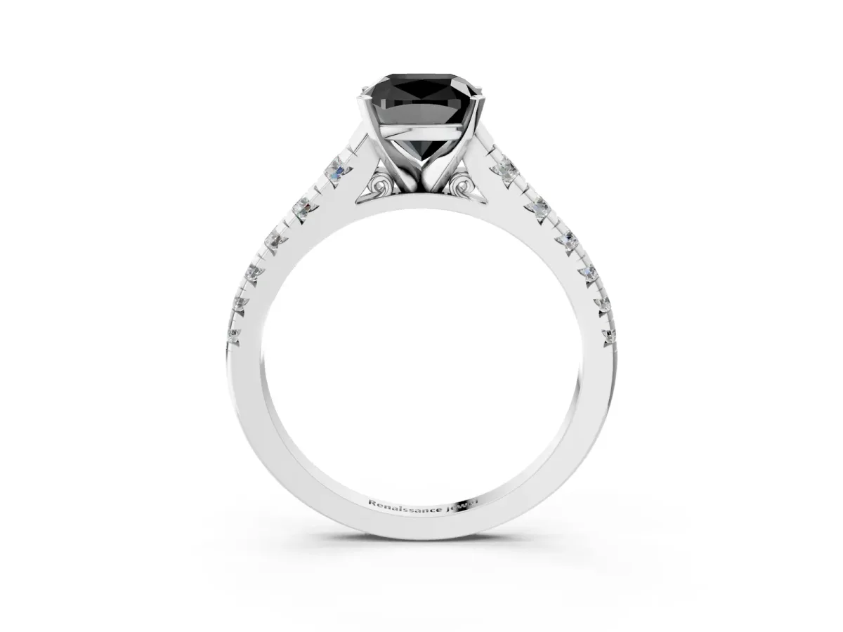 Fancy Black Cushion Cut Diamond Cathedral Solitaire Ring with Round Pavé Band Platinum
