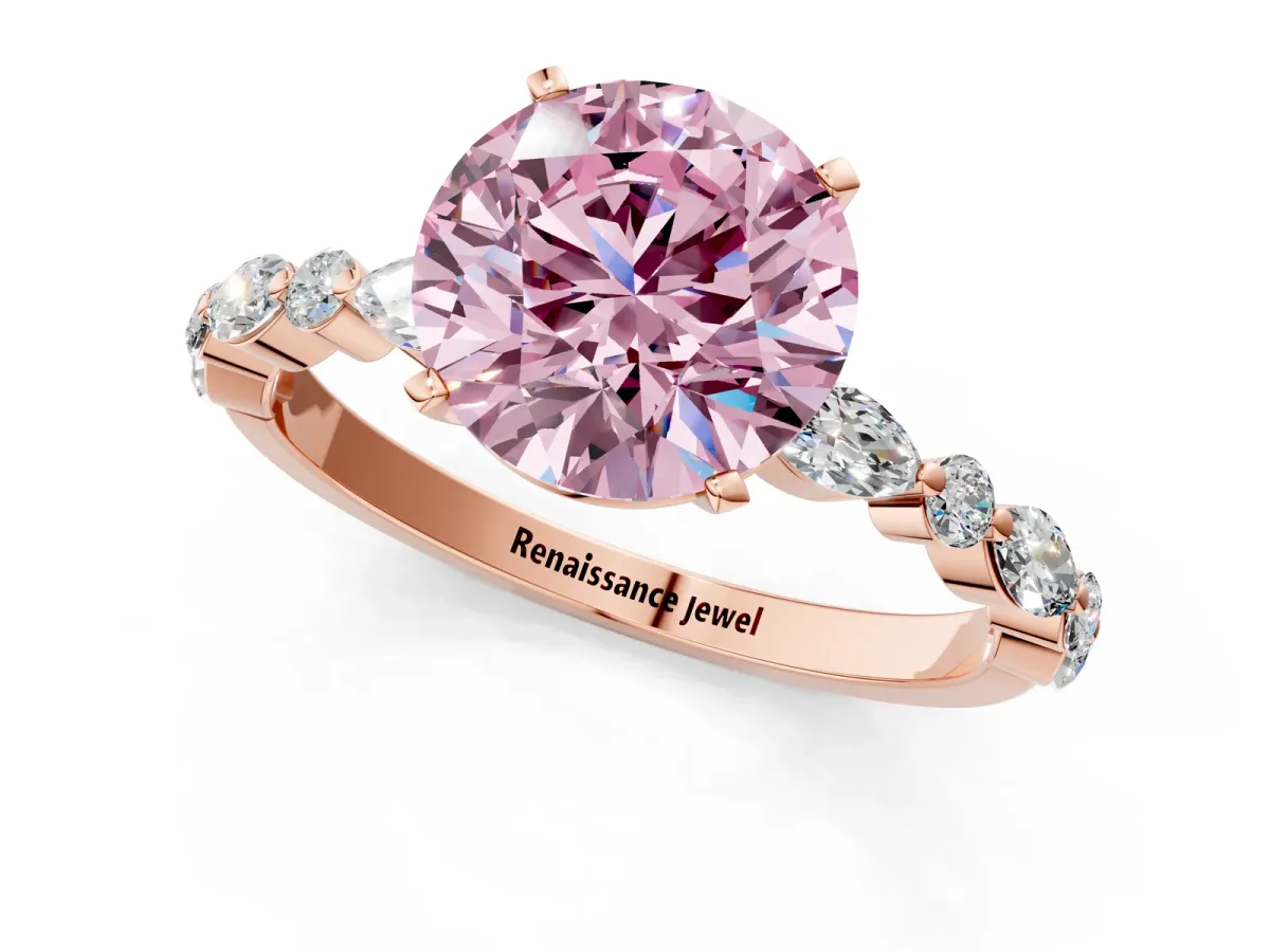 Fancy Pink Round Cut Diamond Ring with Marquise and Round Side Stones and Four-Prong Setting Rose gold