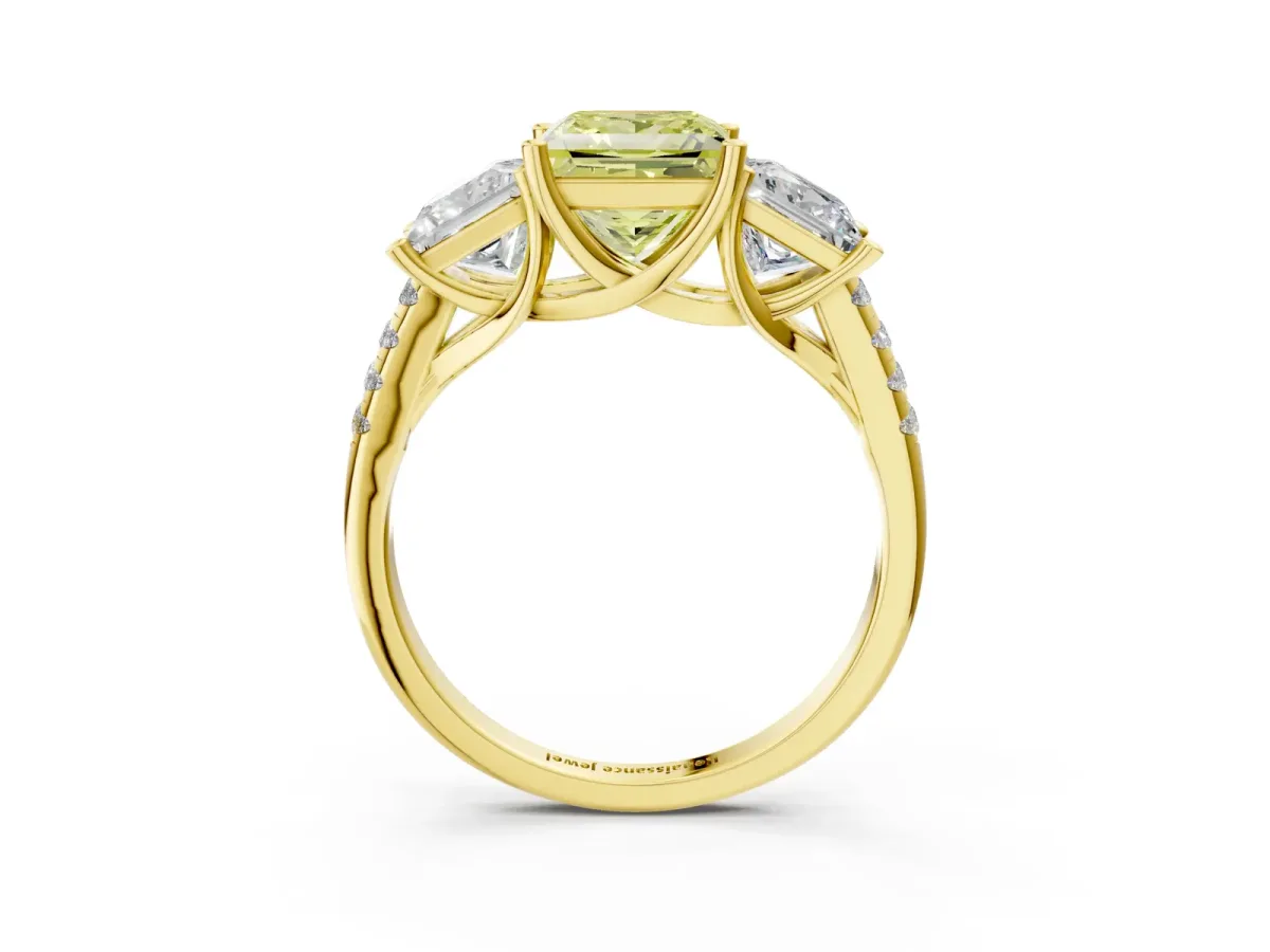 Fancy Yellow Three-Stone Princess Cut Diamond Ring with Round Pavé Band and Prong Setting Yellow gold