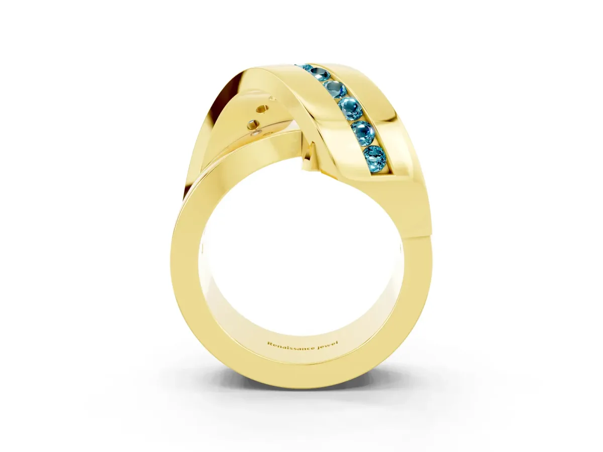 Pavé Round Blue Topaz Crossover Band with Channel Setting Yellow gold