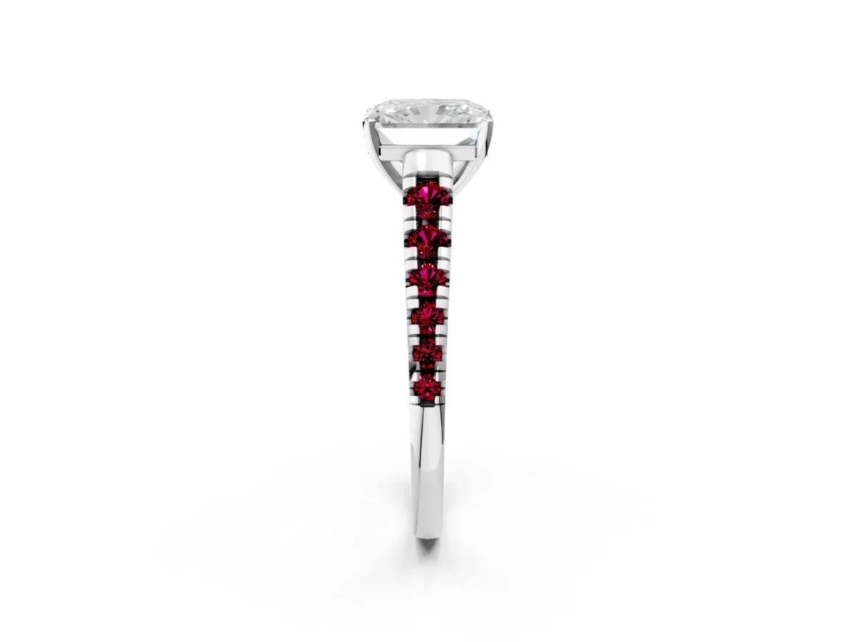 Radiant Cut Diamond Cathedral Solitaire Ring with Round Garnet Pavé Band Silver