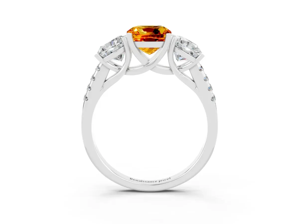 Three-Stone Cushion Cut Citrine Ring with Round Pavé Band and Prong Setting Silver