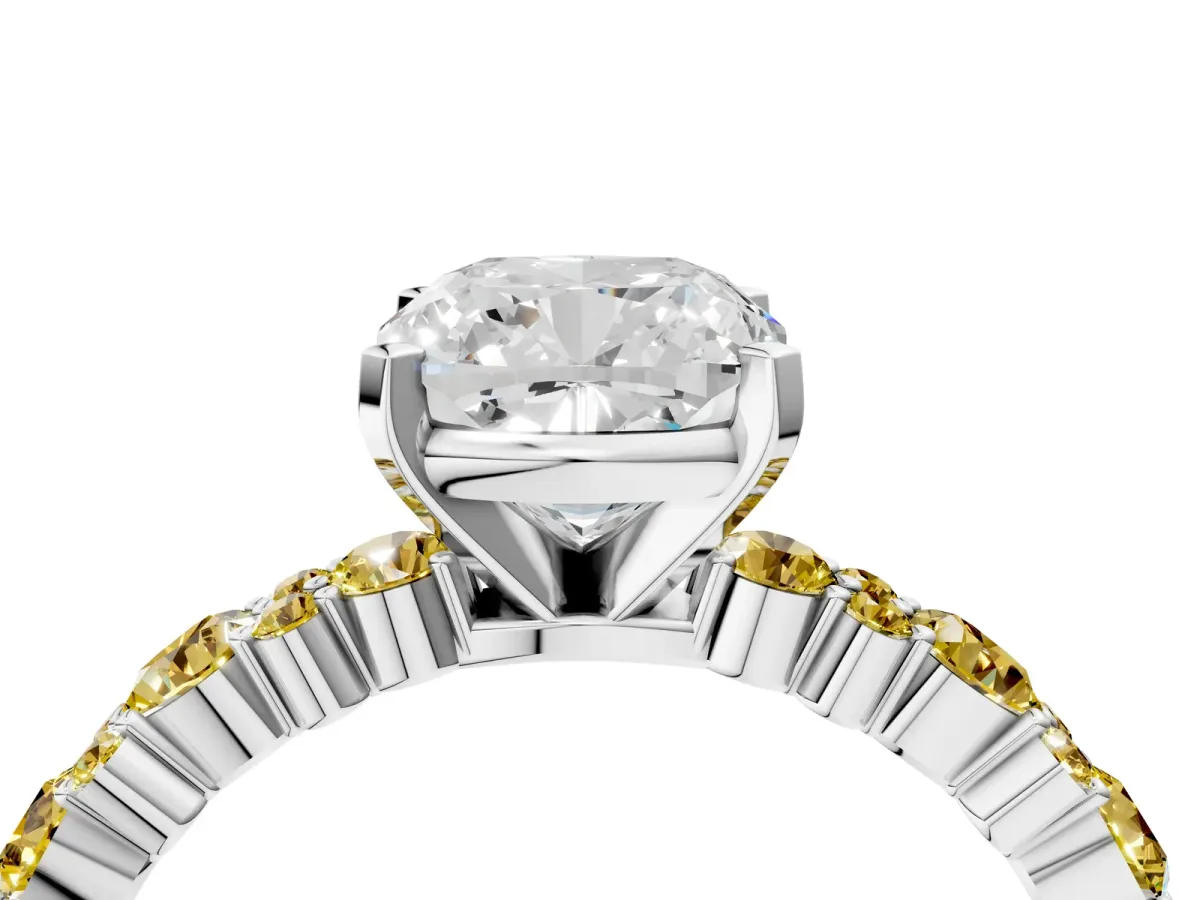 Cushion Cut Diamond Side Stone Solitaire Ring with Round Yellow Sapphire and Four-Prong Setting Platinum