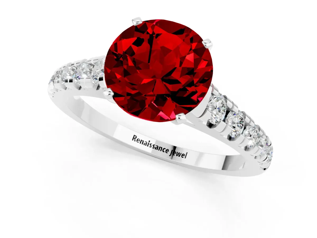 Round Cut Ruby Cathedral Solitaire Ring with Round Pavé Band Platinum