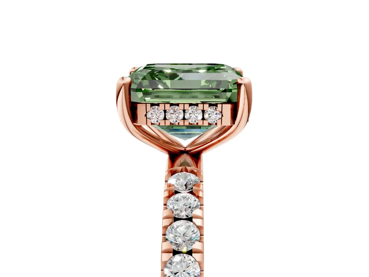 Fancy Green Asscher Cut Diamond Pave Band Solitaire Ring with Round and Prong Setting Rose gold