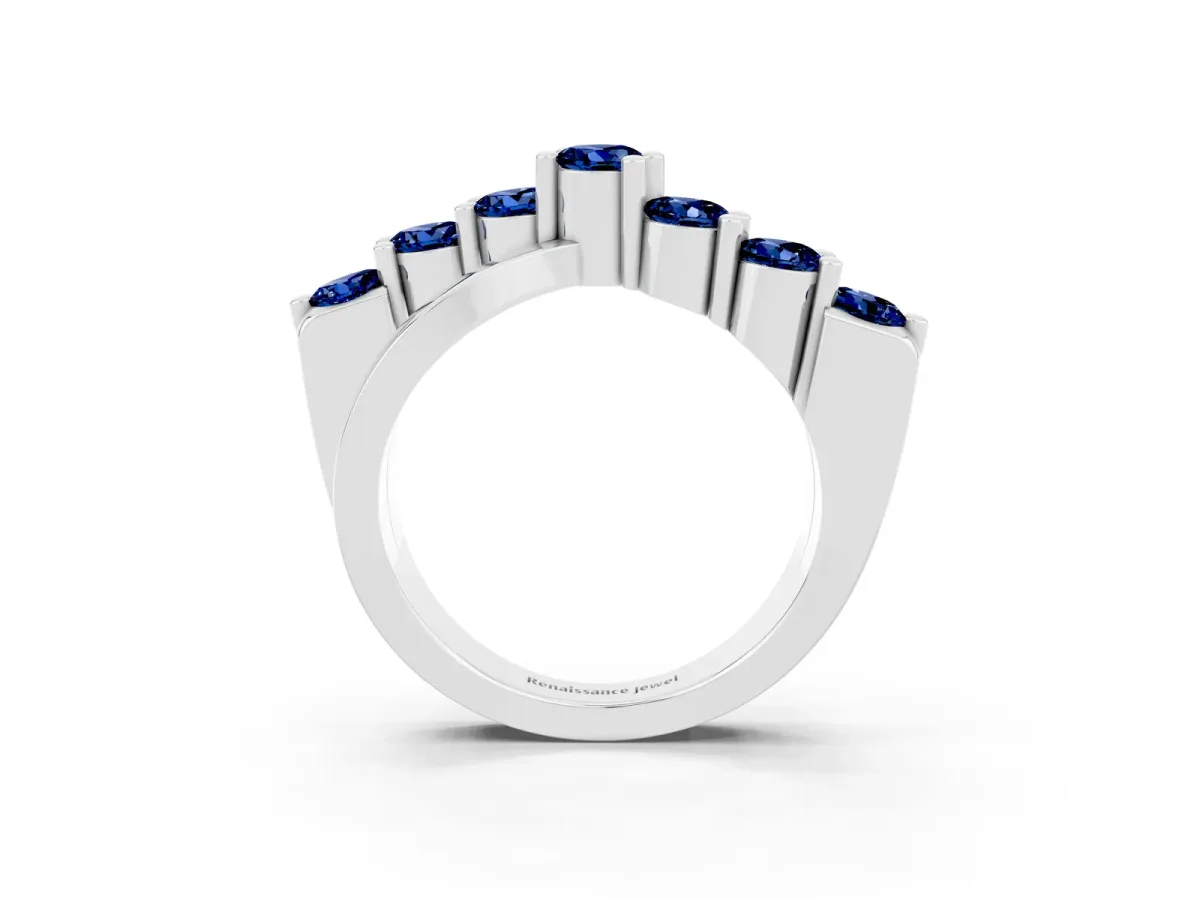 Round Blue Sapphire Prong-Set Crossover Band Silver