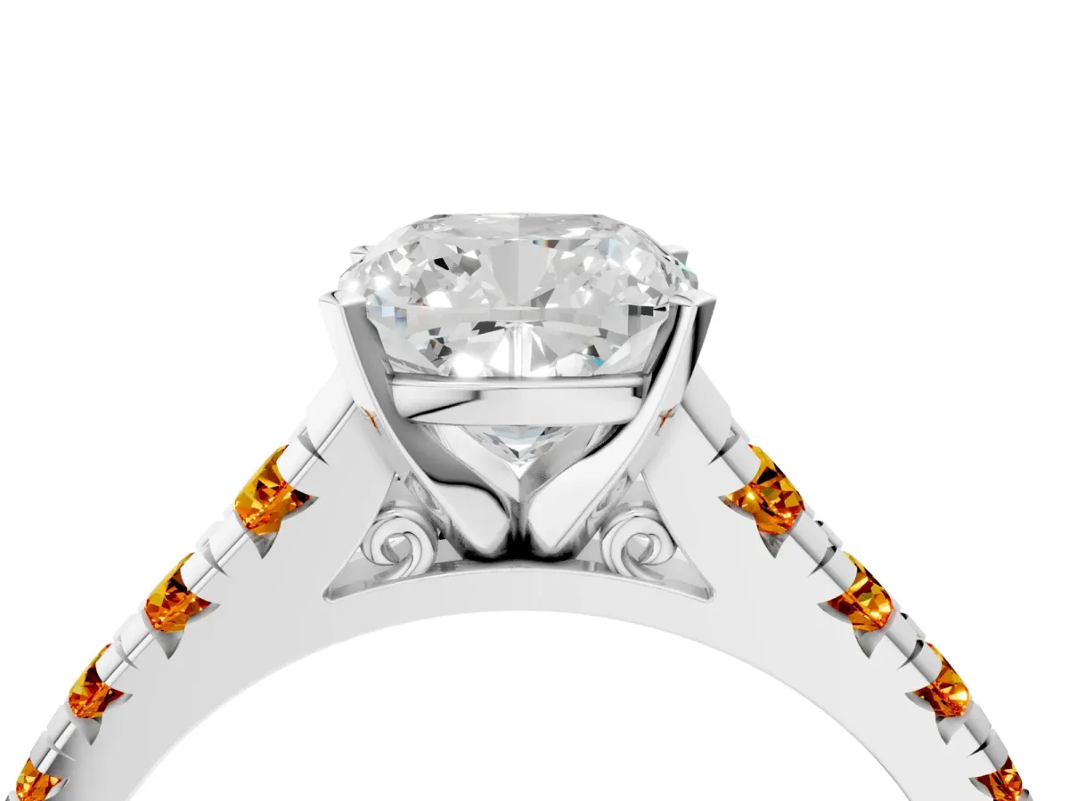 Cushion Cut Diamond Cathedral Solitaire Ring with Round Citrine Pavé Band Silver
