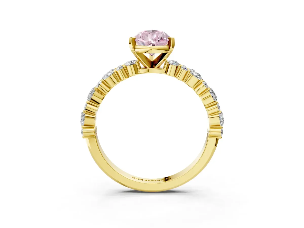 Fancy Pink Pear Cut Diamond Side Stone Solitaire Ring with Round and Four-Prong Setting Yellow gold