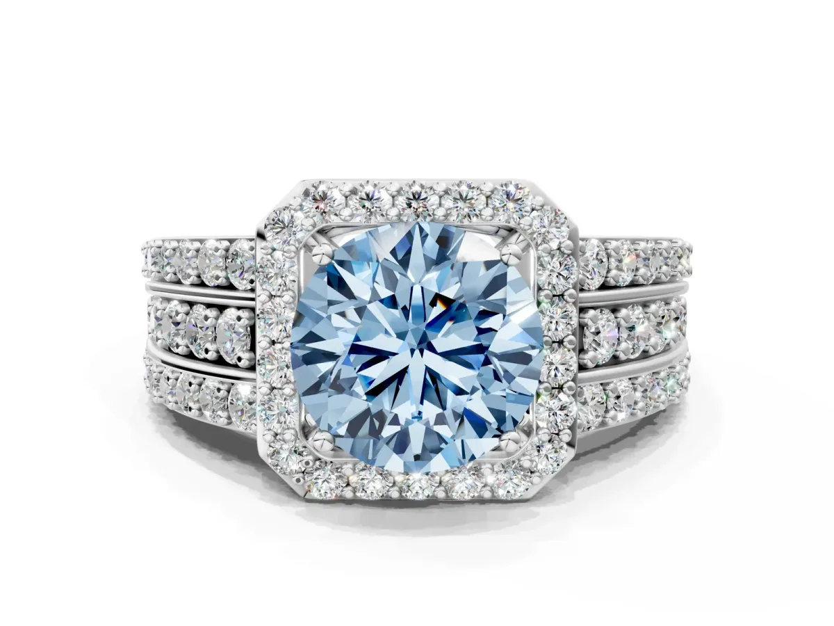 Fancy Blue Round Cut Halo Diamond Ring with Round Split Shank and Prong Setting White gold