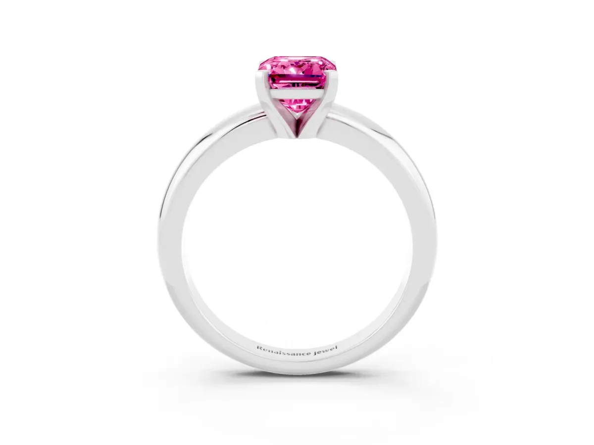 Emerald Cut Pink Sapphire Solitaire Engagement Ring with Round Band and Four-Prong Setting Silver