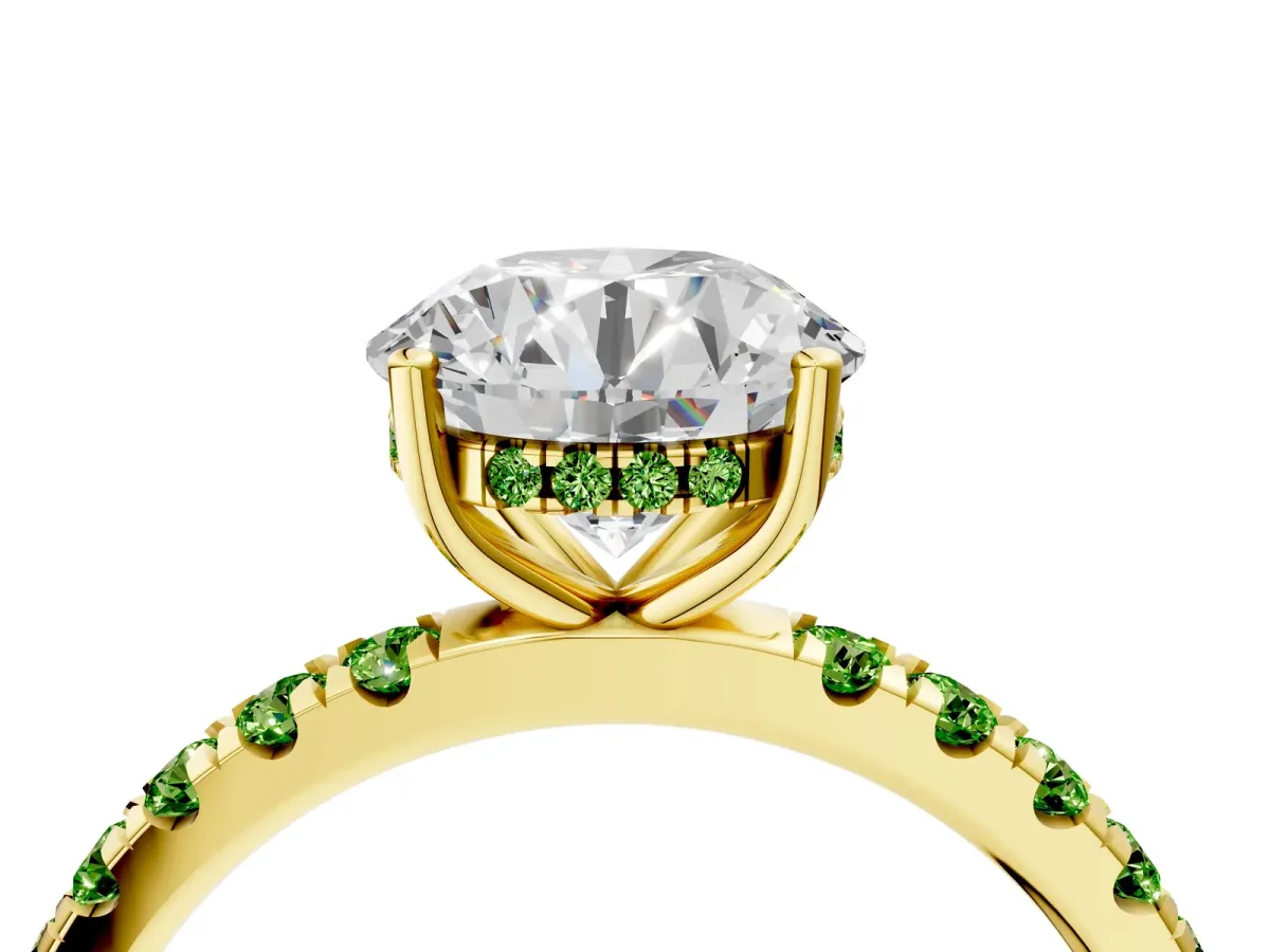 Round Cut Diamond Pave Band Solitaire Ring with Round Peridot and Prong Setting Yellow gold